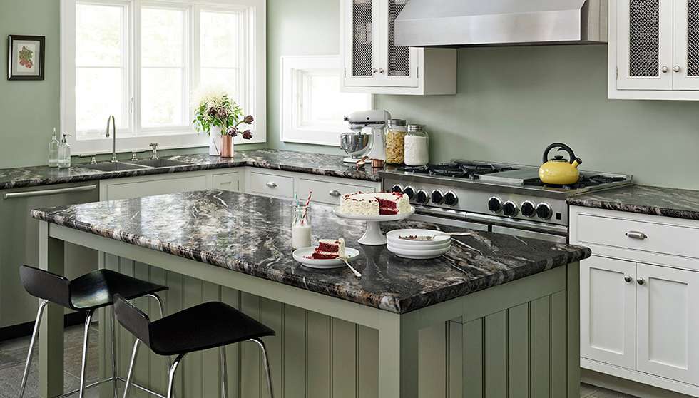 Green Farmhouse Kitchen with Laminate Countertop