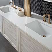 Warm Neutrals Vanity with Quartz Vanity Top and Laminate Cabinet Doors
