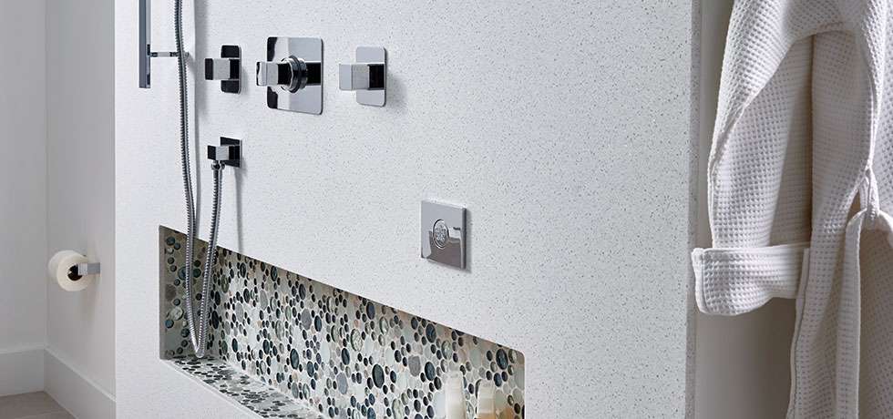 Large, Luxurious Walk-In Shower Detail | Solid Surface | Morning Ice