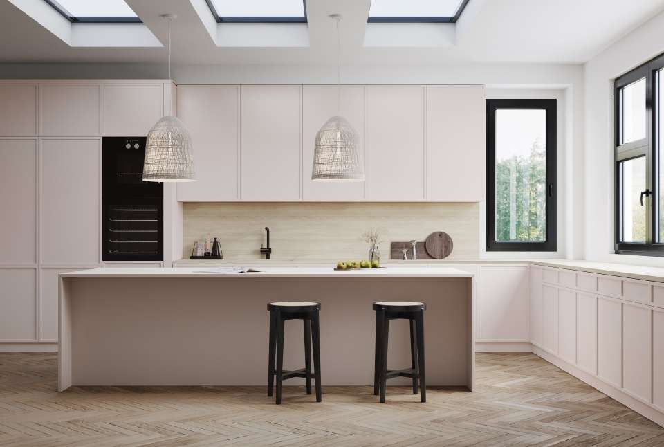 Creamy cabinetry bathed in natural lighting​